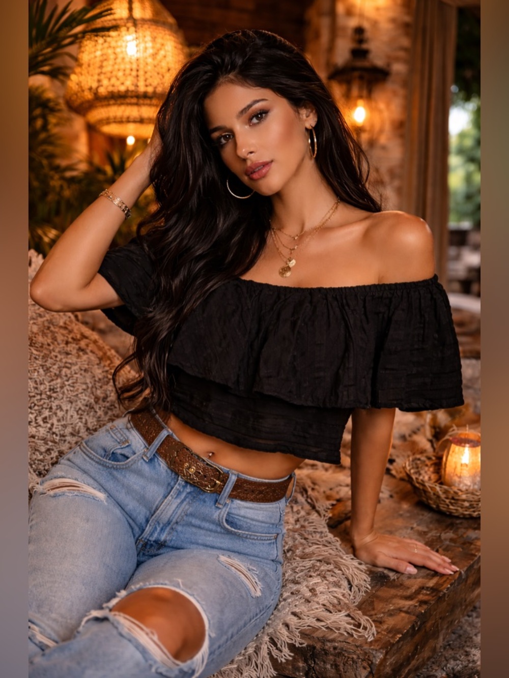 REFORMATION Black Off Shoulder Ruffle Crop Top Boho Sultry | Size L | NWOT